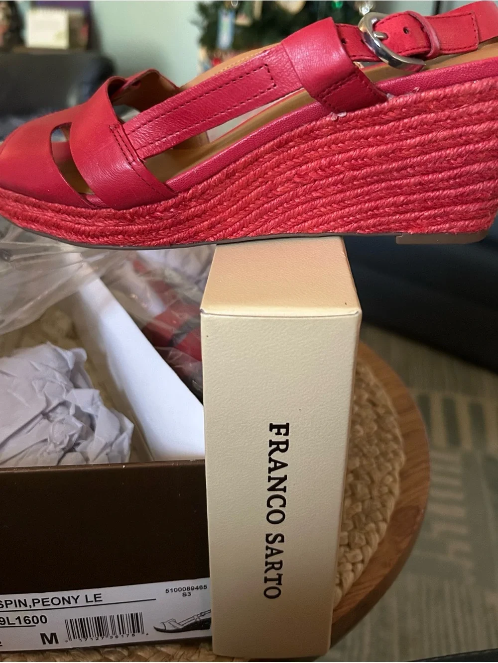 Franco Sarto Coral-Red Leather Espadrille Wedge Sandals- 3 in wedge